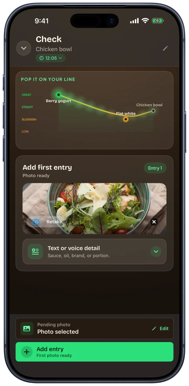 Riveryn Check screen in the dark theme with a chicken salad photo ready and text or voice detail available.