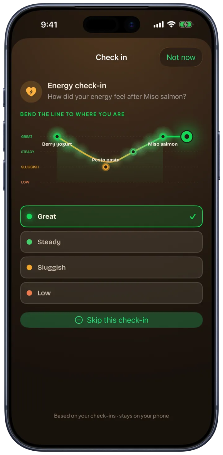 Riveryn energy check-in sheet in the dark theme: bend the line to where you are, with Great, Steady, Sluggish, and Low levels over the day graph.