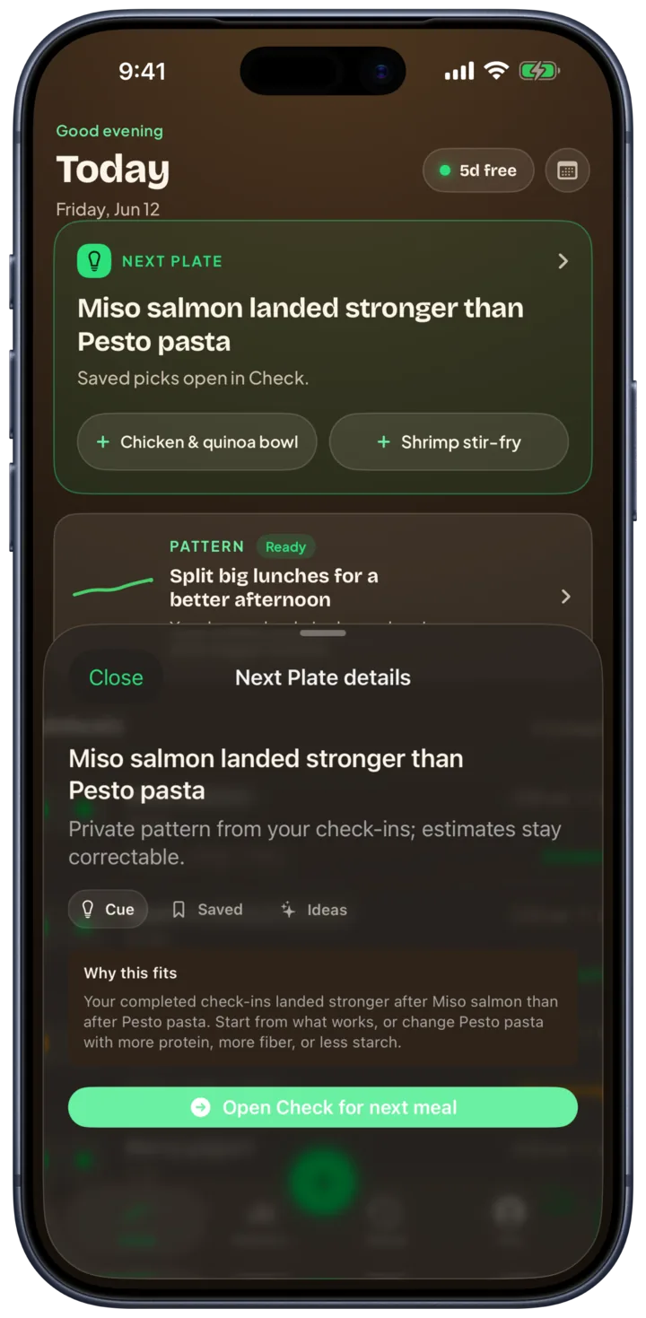 Riveryn Next Plate fully open in the dark theme: use the repeat that works for you, why this fits, and one-tap saved meal ideas.