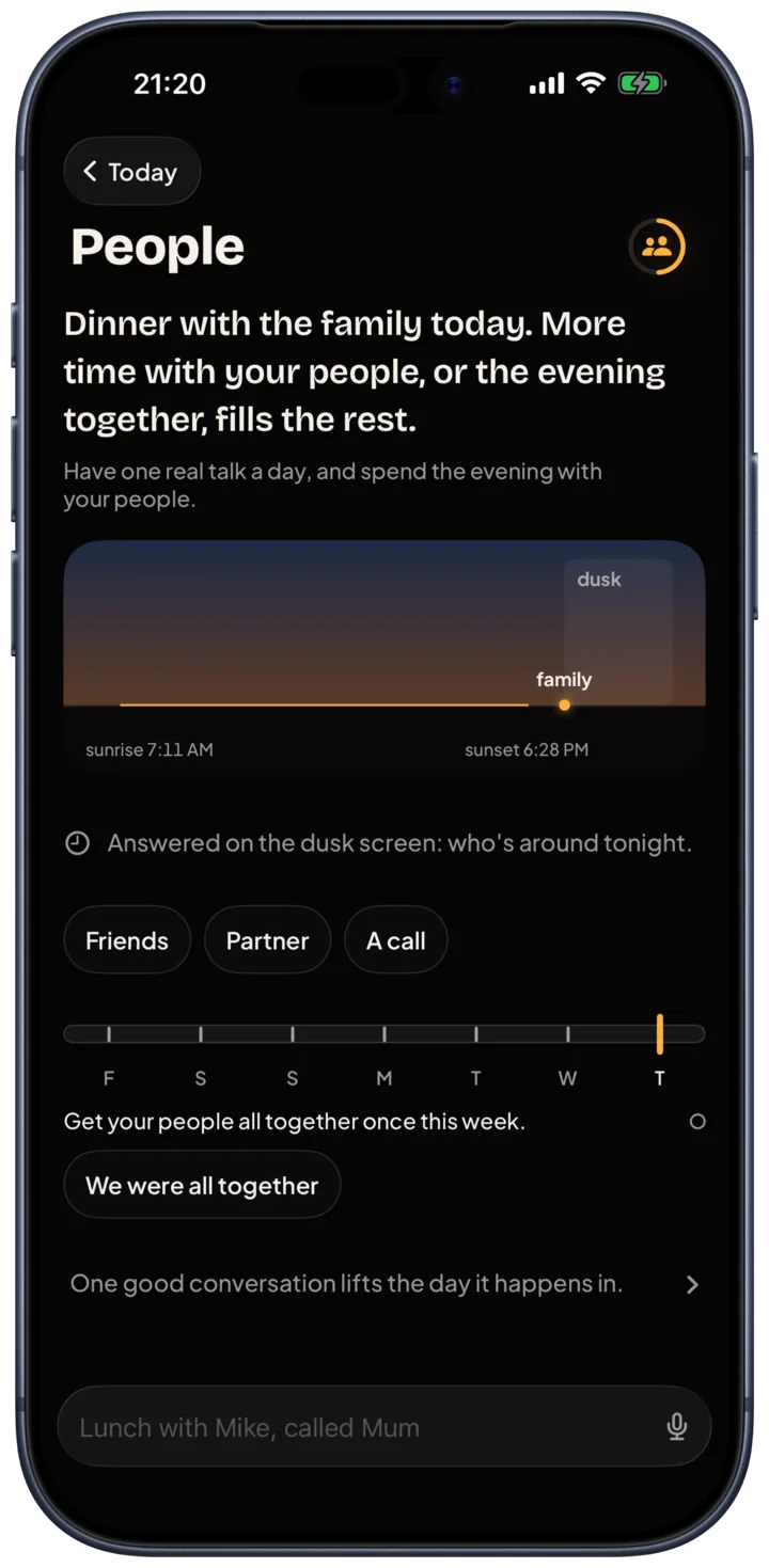 The People page in Riveryn: &ldquo;Dinner with the family today. More time with your people, or the evening together, fills the rest.&rdquo;, with one-tap answers Friends, Partner and A call.