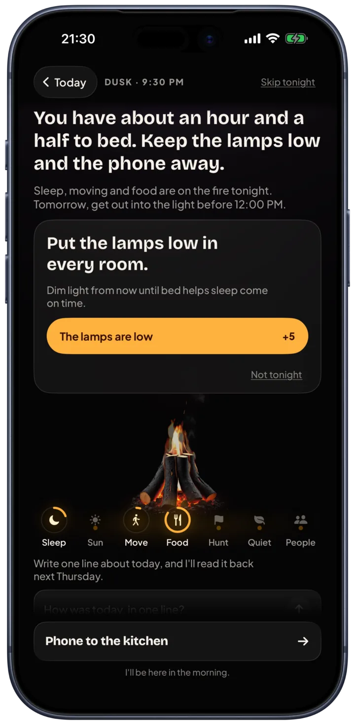 Riveryn at dusk: &ldquo;You have about an hour and a half to bed. Keep the lamps low and the phone away.&rdquo;, a card that says &ldquo;Put the lamps low in every room.&rdquo; with the tap &ldquo;The lamps are low&rdquo;, and the next move, &ldquo;Phone to the kitchen&rdquo;.