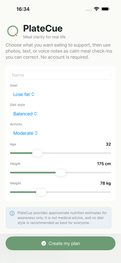 PlateCue onboarding screen with goal and diet pattern setup.