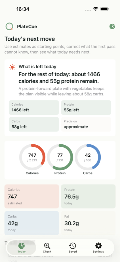 PlateCue today dashboard with calorie, protein, and carb progress.