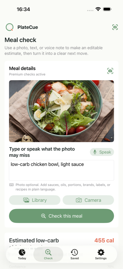 PlateCue estimated nutrition result with confidence and detected items.