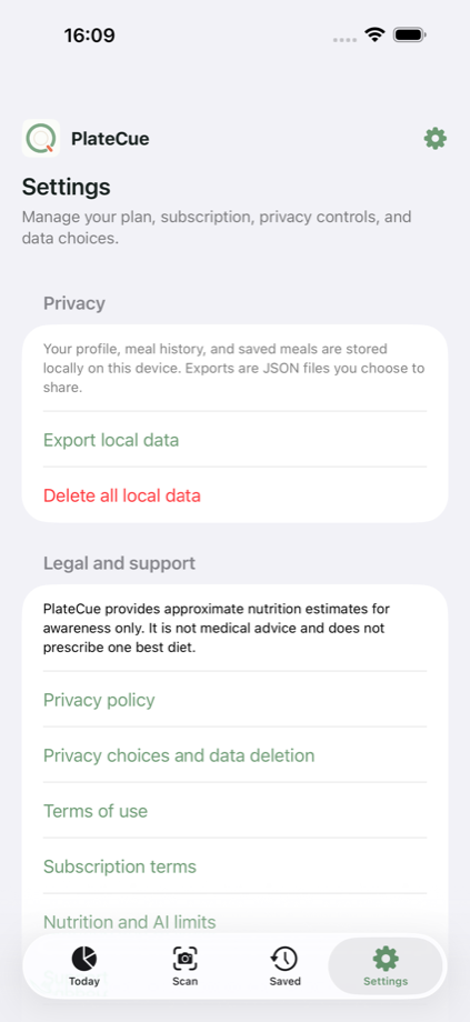 PlateCue settings screen with privacy, export, delete, legal, and support links.