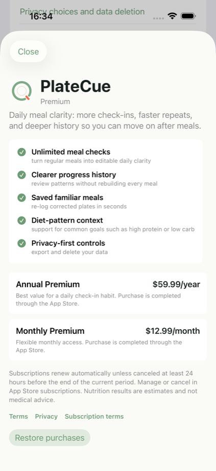 PlateCue Premium paywall with benefits, restore purchases, and legal links.